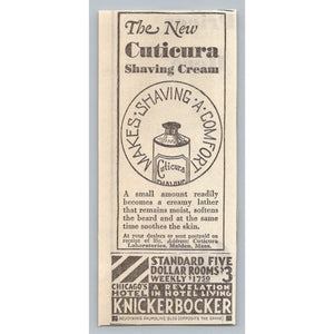1930s Cuticura Shaving Cream Ad & Chicago Knickerbocker Hotel Ephemera