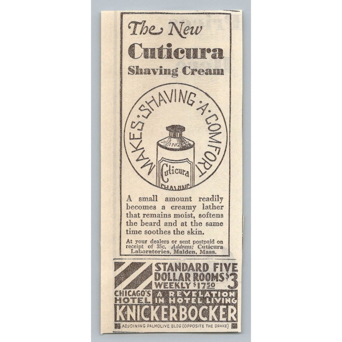 1930s Cuticura Shaving Cream Ad & Chicago Knickerbocker Hotel Ephemera