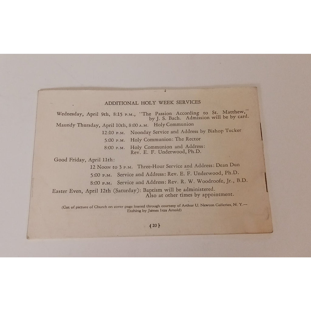 1941 St Bartholomew's Church NYC Lent Program Booklet James Arnold Ephemera