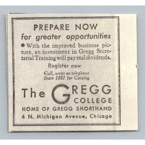 Gregg College Chicago Shorthand Secretarial Training Ad 1930s Ephemera Vintage