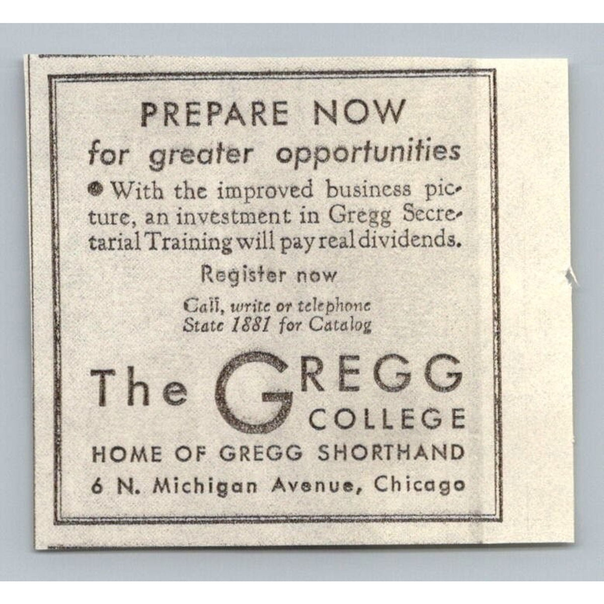 Gregg College Chicago Shorthand Secretarial Training Ad 1930s Ephemera Vintage