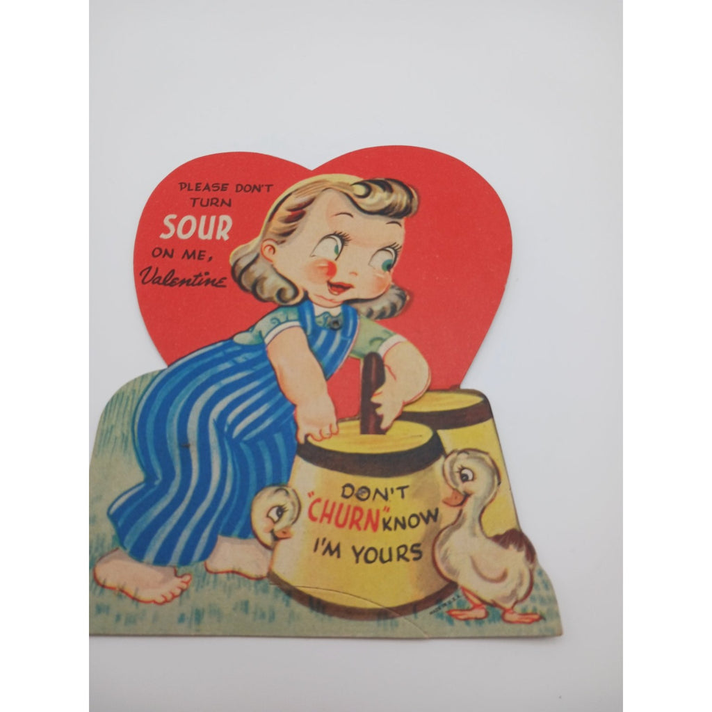 Vintage Valentine Card Girl Ducks Don't Churn Know I'm Yours Mechanical Eyes Arm