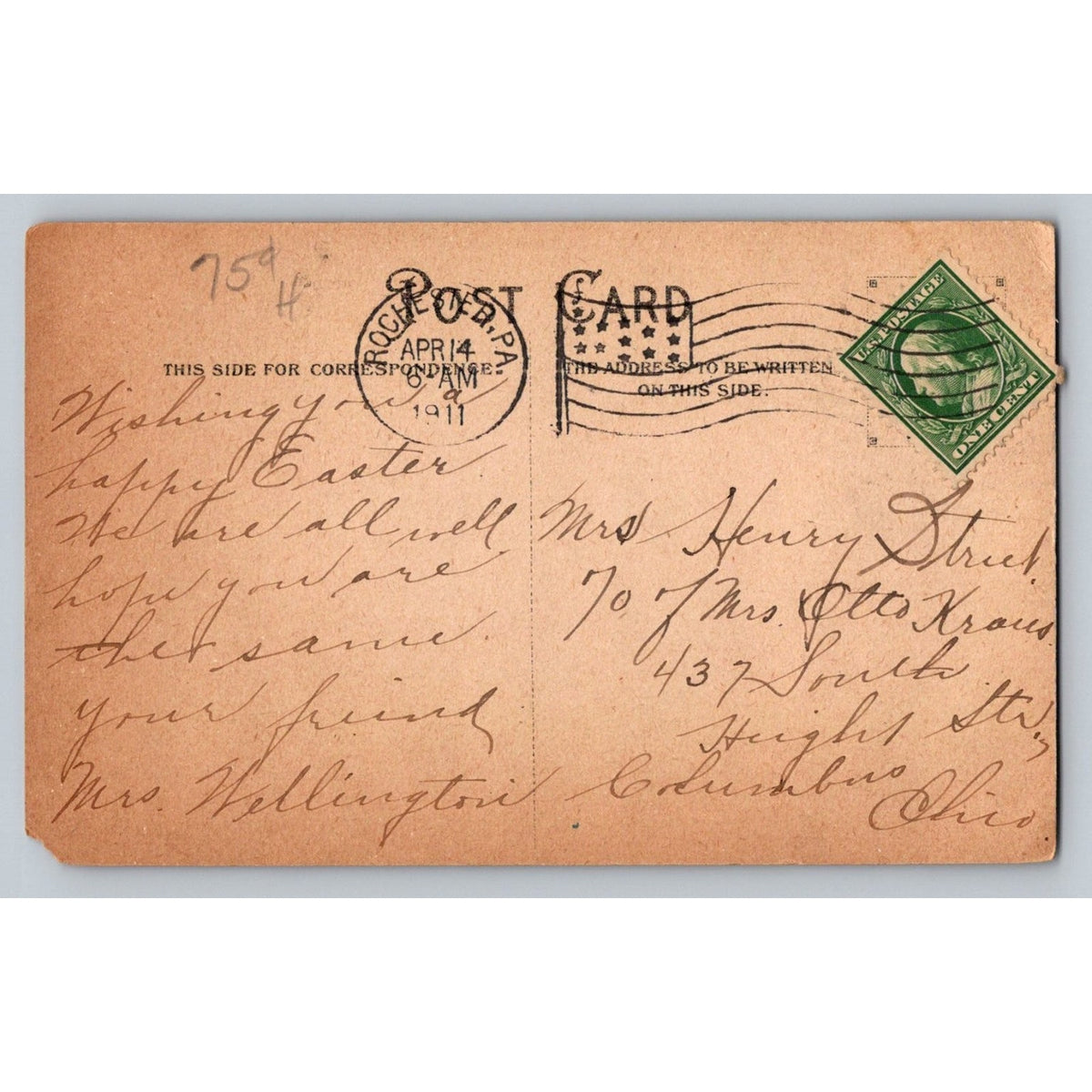 1911 Easter Cross & Lilies Postcard, Rochester PA Postmark, Religious