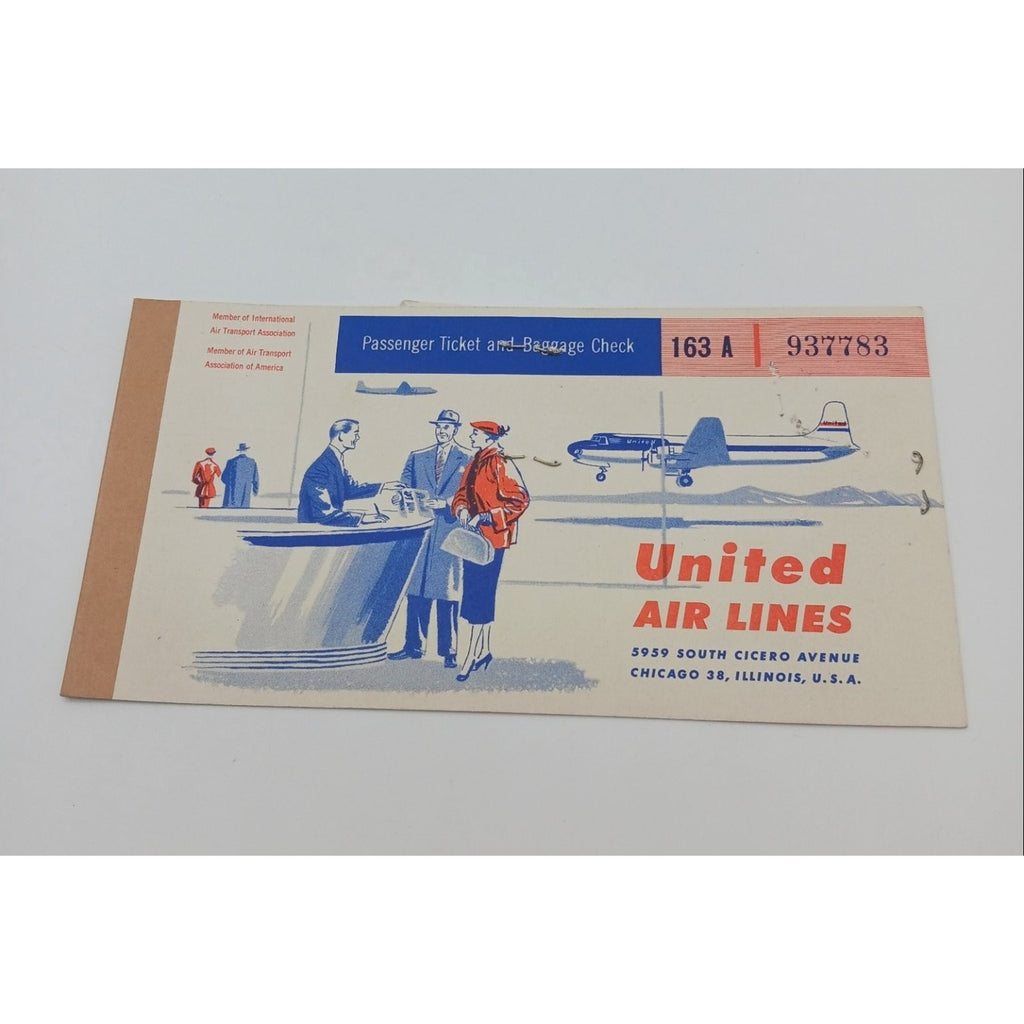1954 United Air Lines Passenger Ticket Baggage Check Receipt Chicago Ephemera