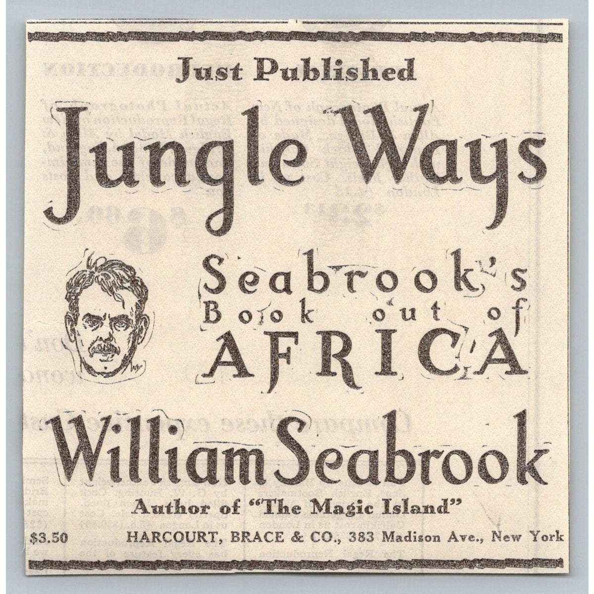 1931 William Seabrook Jungle Ways Book Ad Africa Harcourt Brace New York