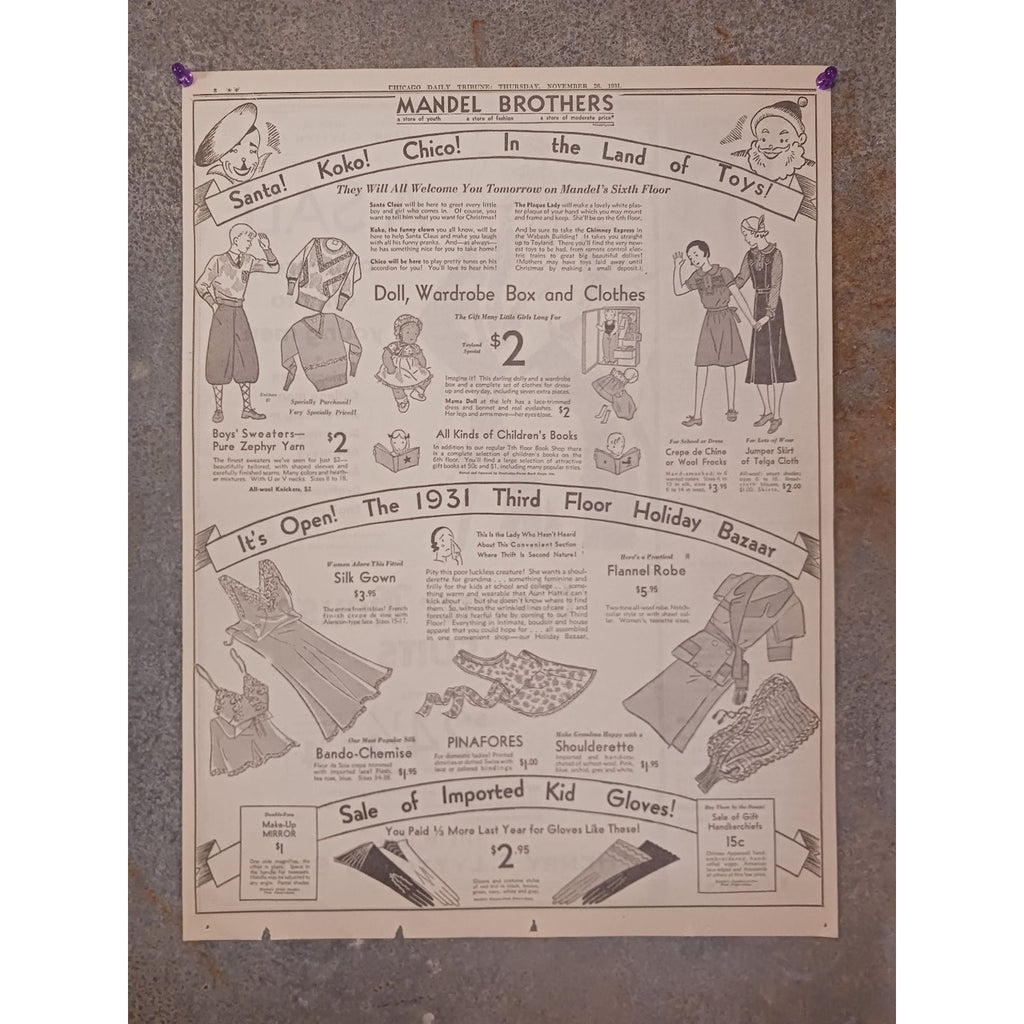 1931 Chicago Mandel Brothers Christmas Holiday Santa Clown Bazaar Ad Ephemera