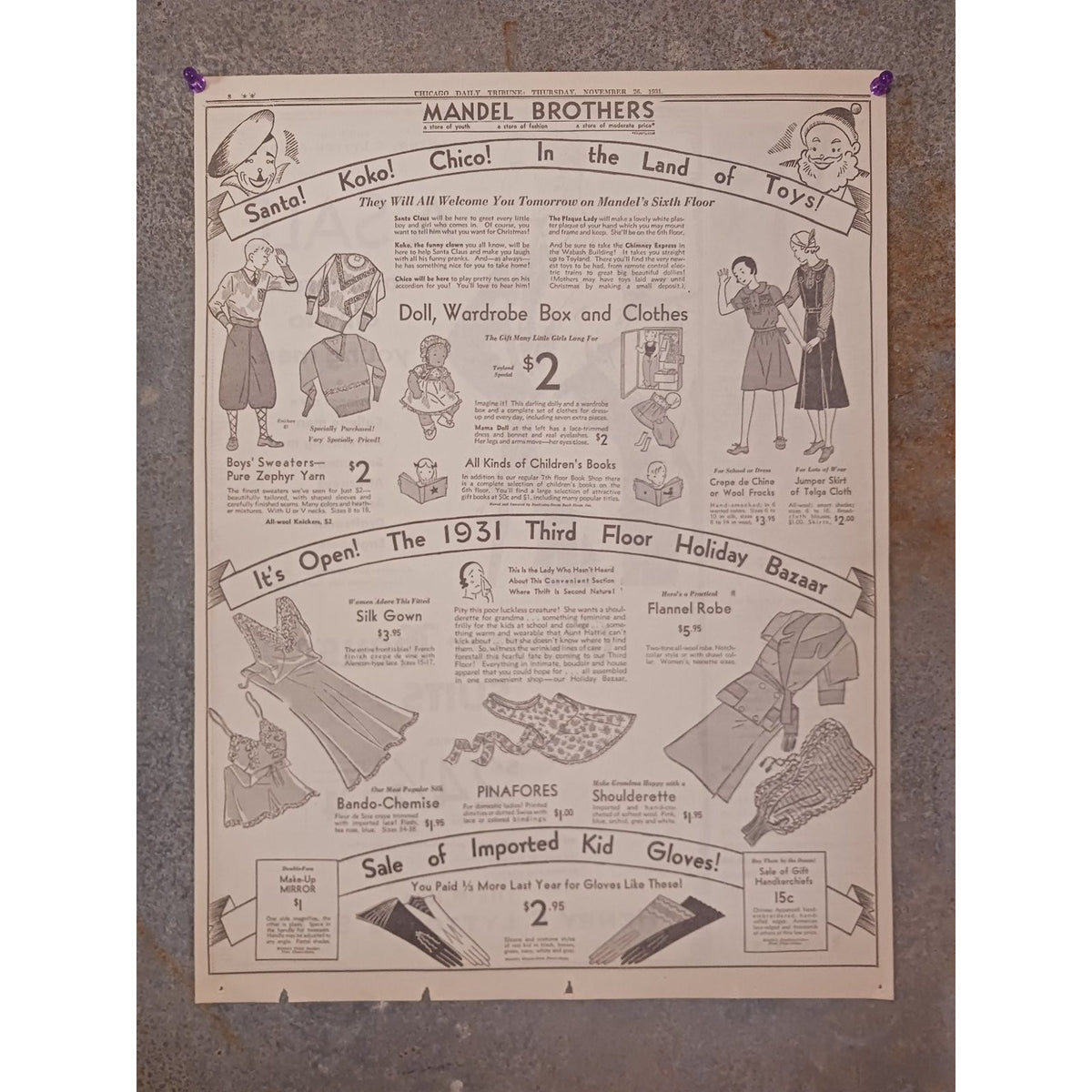 1931 Chicago Mandel Brothers Christmas Holiday Santa Clown Bazaar Ad Ephemera