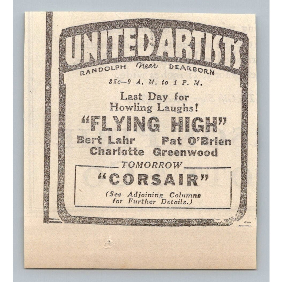 1931 United Artists Chicago Newspaper Ad Flying High Bert Lahr Corsair Movie