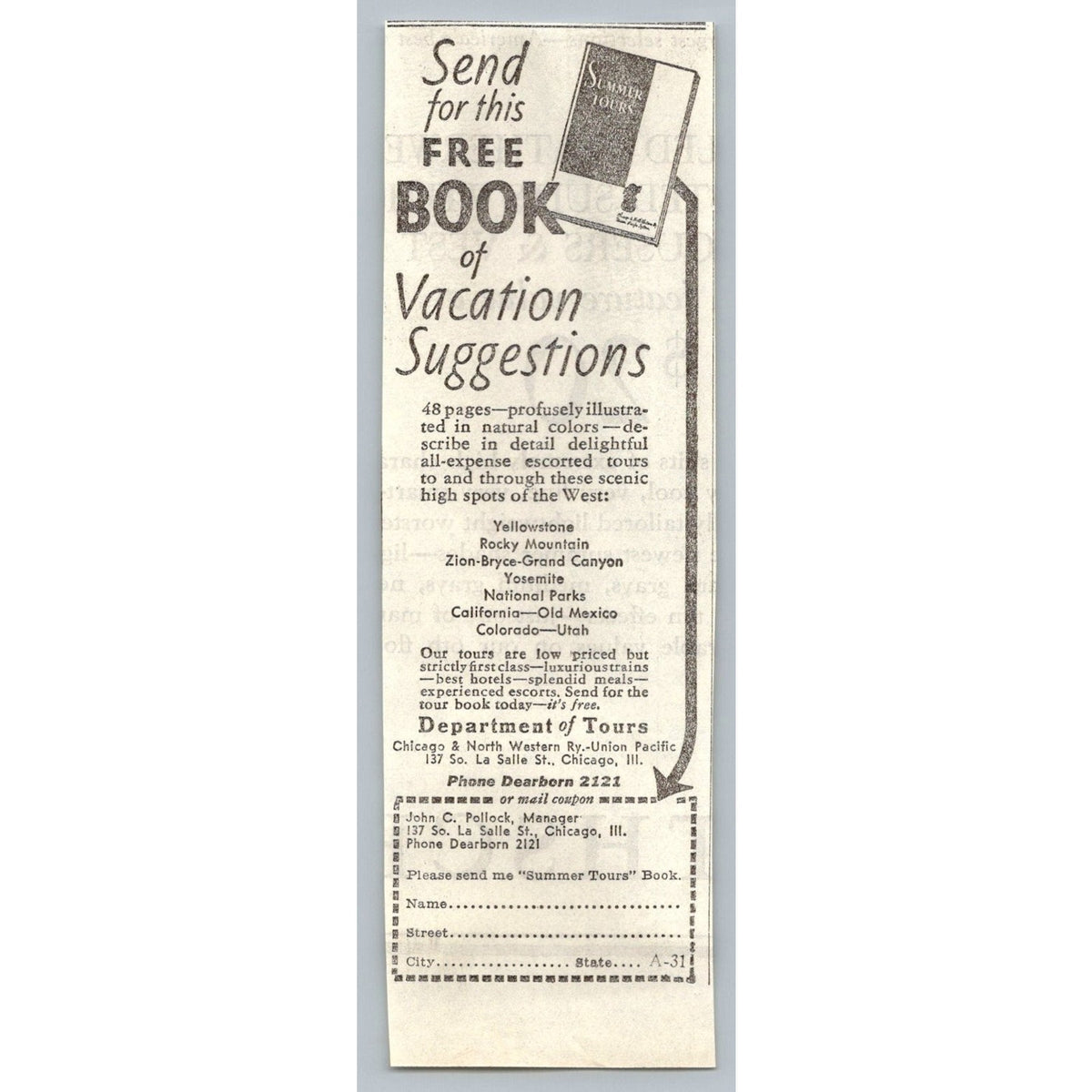 1933 Chicago & North Western Union Pacific Western Tours Ad Ephemera