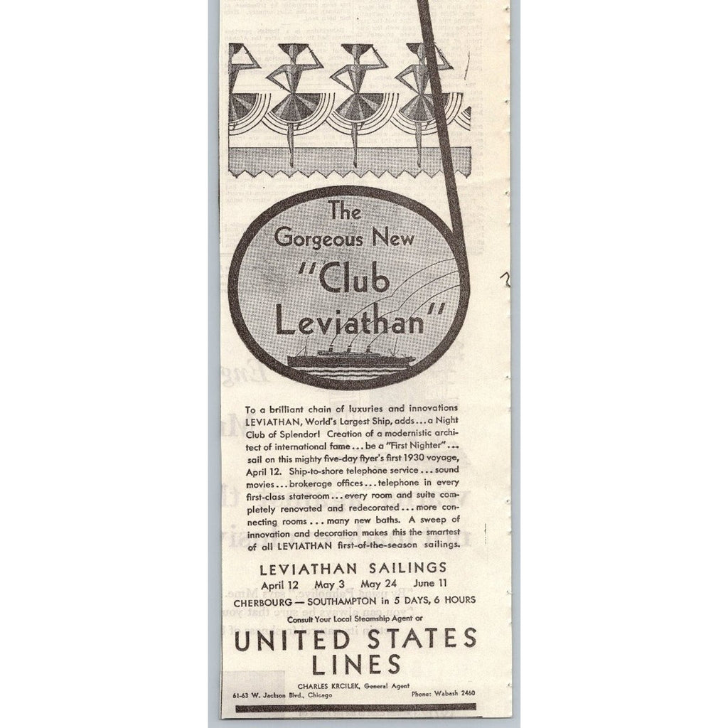 1930 SS Leviathan Club Ephemera United States Lines Ocean Liner Print Ad