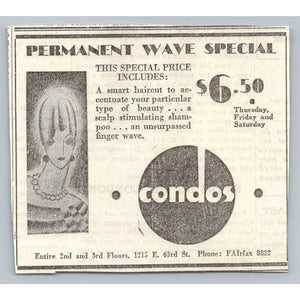 1933 Permanent Wave Flapper Hair Salon Ad Chicago FAirfax Phone Number Ephemera