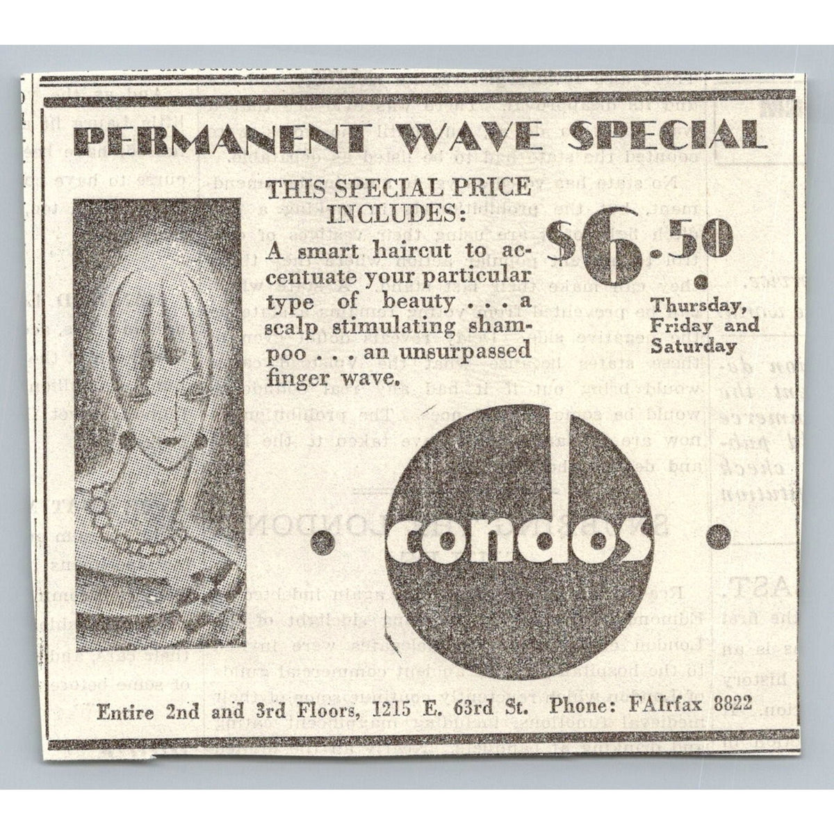 1933 Permanent Wave Flapper Hair Salon Ad Chicago FAirfax Phone Number Ephemera