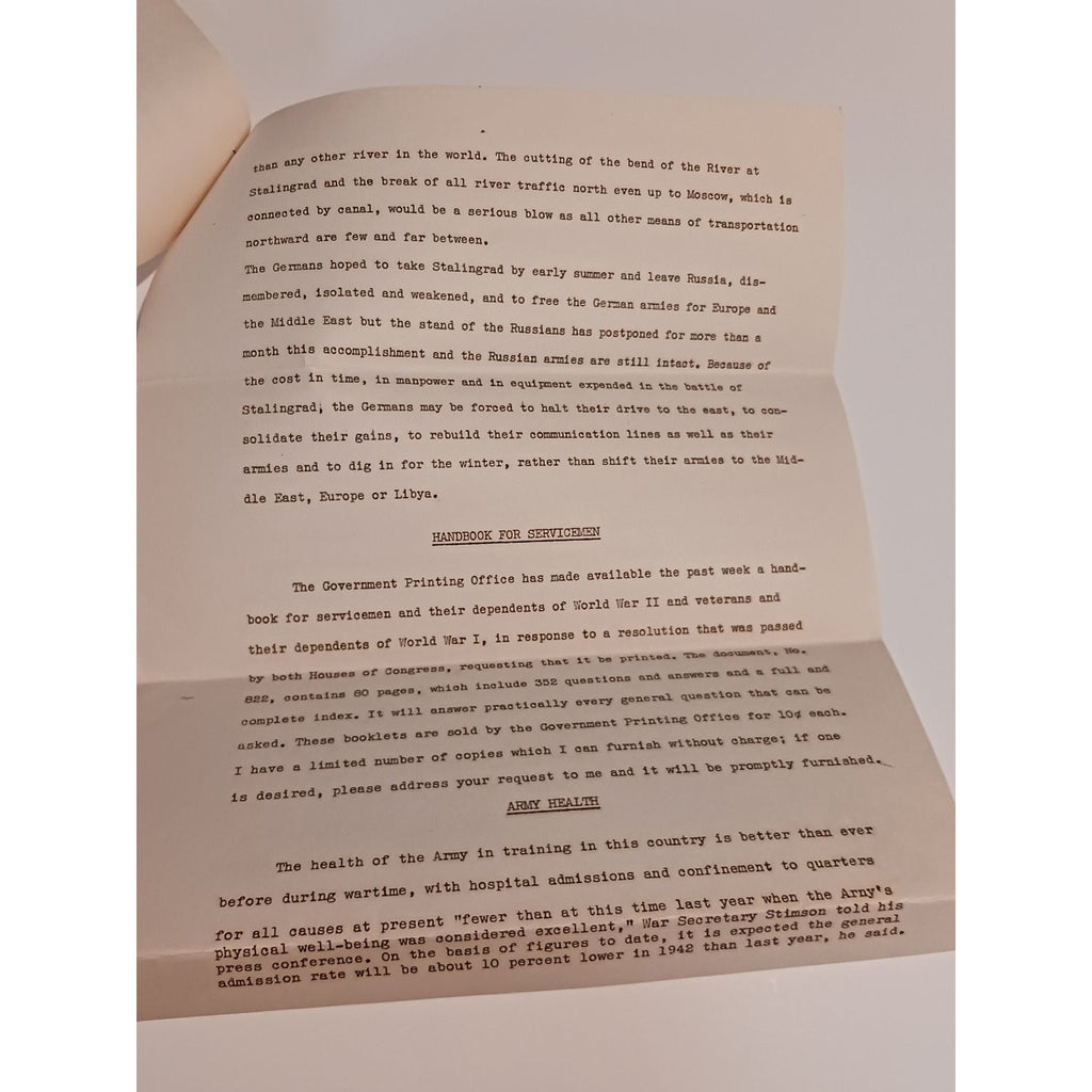1942 Estes Kefauver News Letter Stalingrad WWII Congressional Ephemera