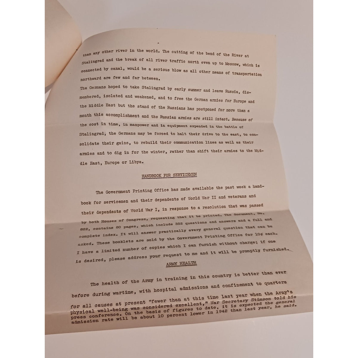 1942 Estes Kefauver News Letter Stalingrad WWII Congressional Ephemera