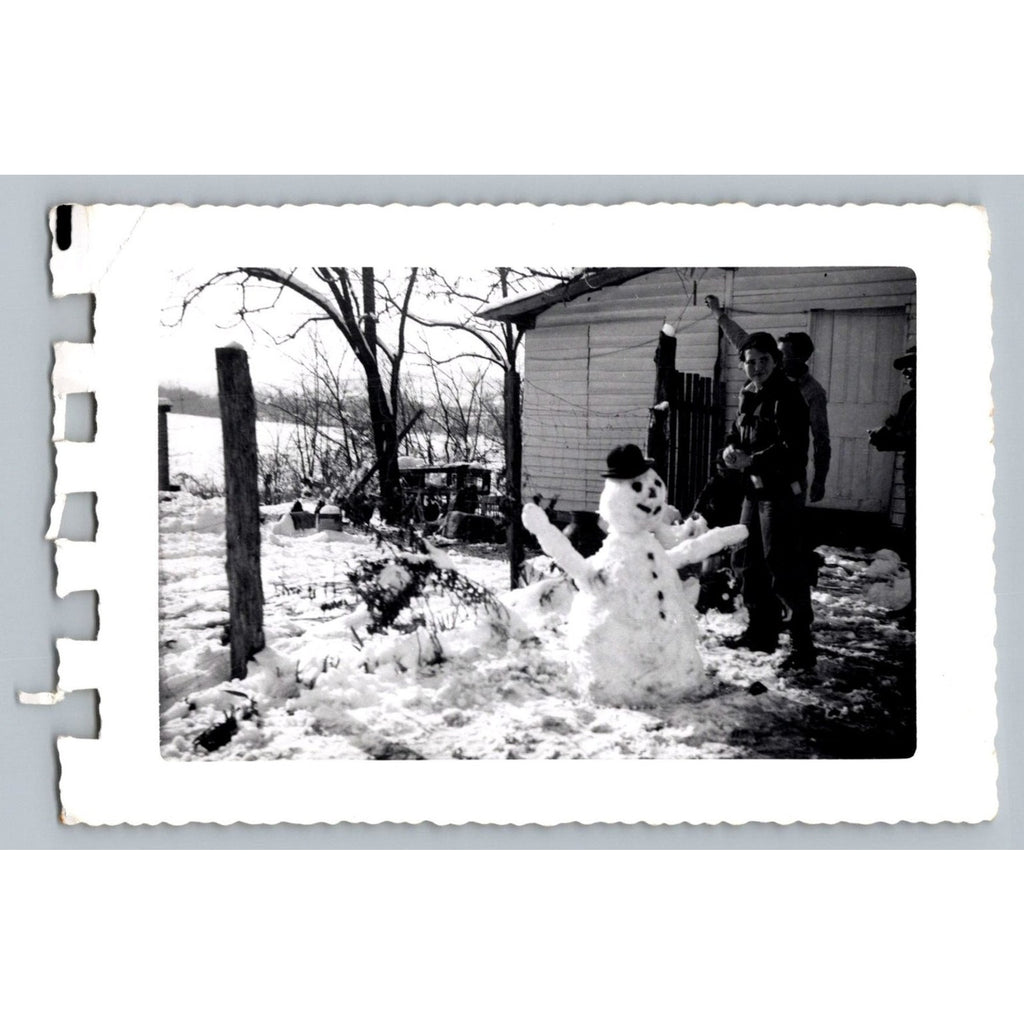 1955 Snowman Building Snapshot Photograph Winter Scene Fox Full Focus Christmas