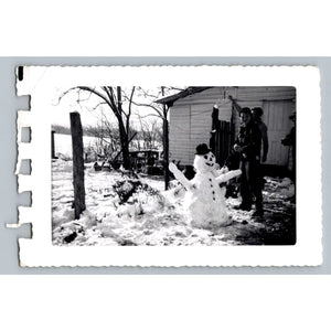 1955 Snowman Building Snapshot Photograph Winter Scene Fox Full Focus Christmas