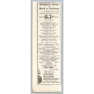 1933 Stevens Building Restaurant Print Ad Menu Chicago Ephemera Vintage Dining