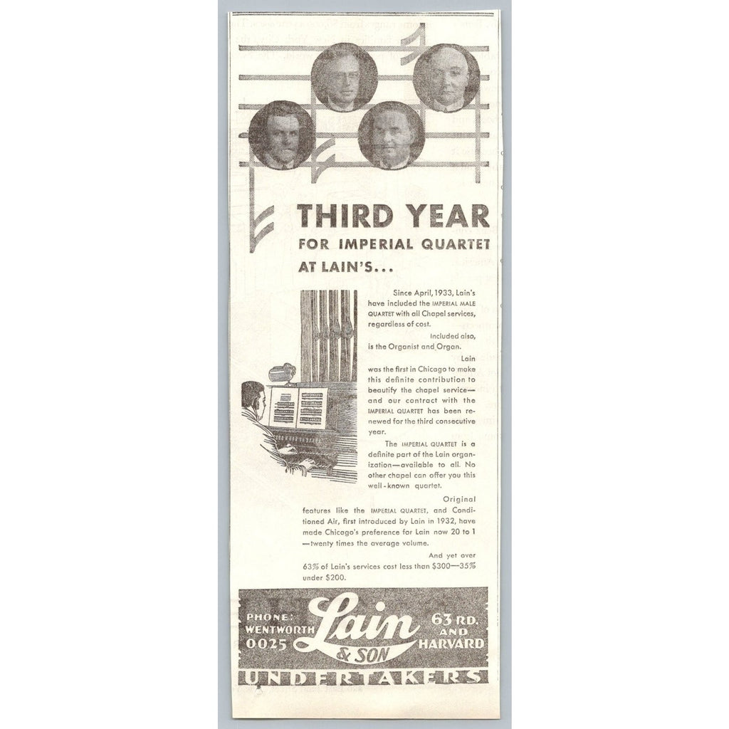 1935 Chicago Lain & Son Undertakers Imperial Quartet Organist Ephemera Print Ad
