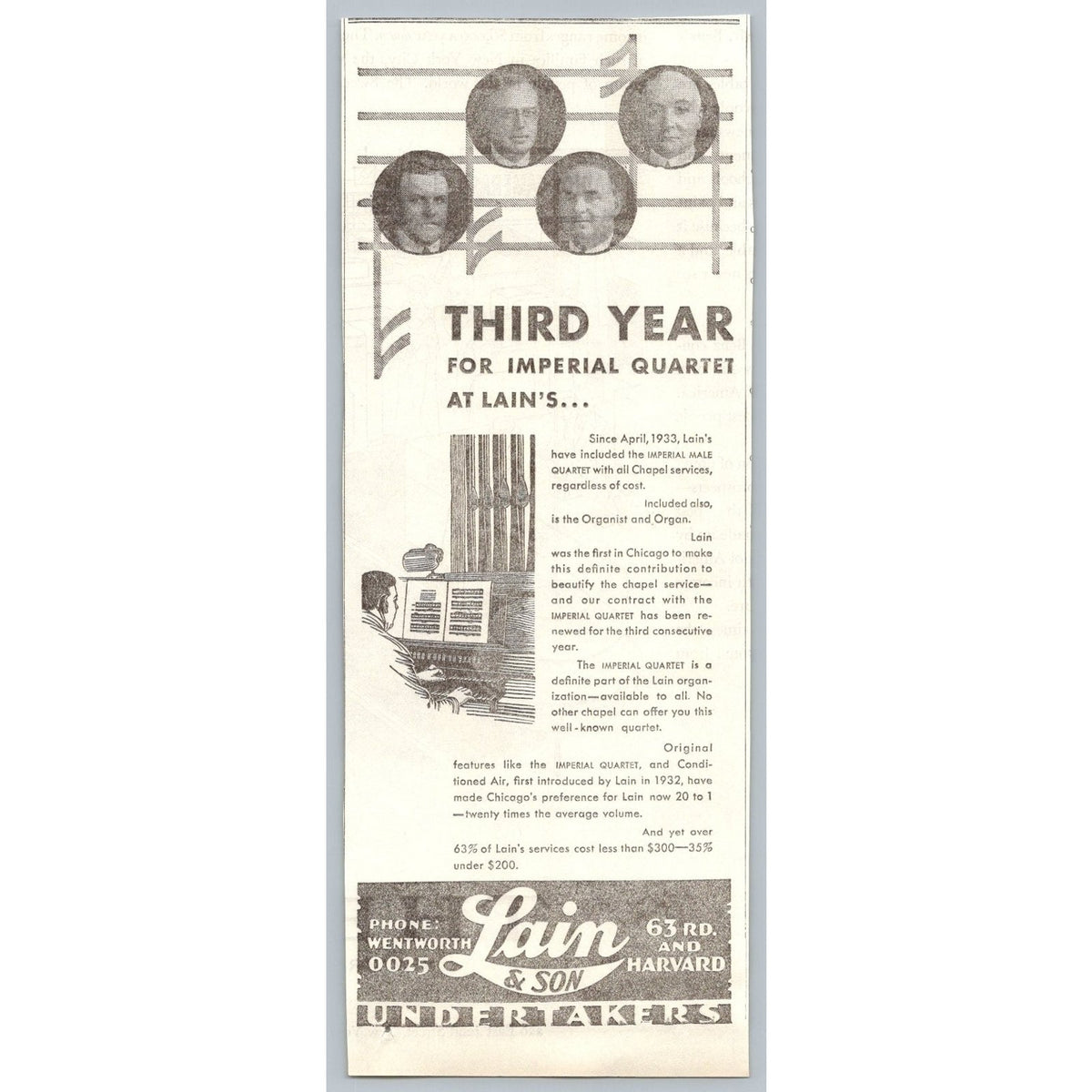 1935 Chicago Lain & Son Undertakers Imperial Quartet Organist Ephemera Print Ad