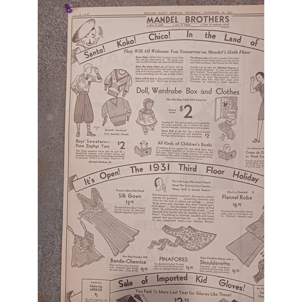 1931 Chicago Mandel Brothers Christmas Holiday Santa Clown Bazaar Ad Ephemera