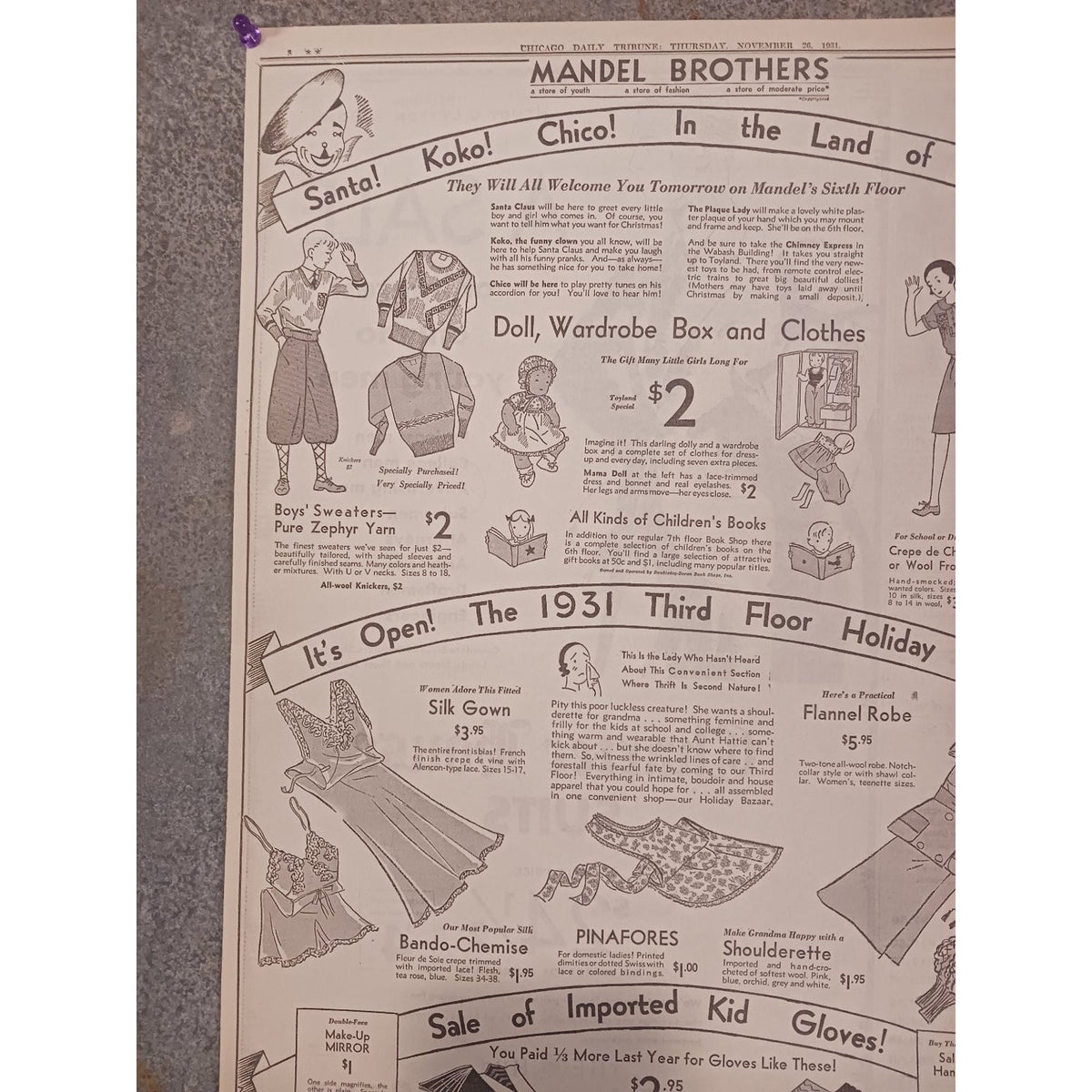 1931 Chicago Mandel Brothers Christmas Holiday Santa Clown Bazaar Ad Ephemera