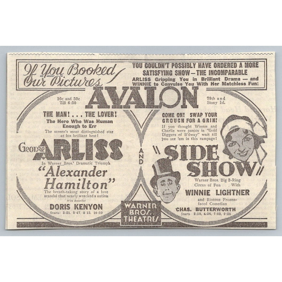 1931 Avalon Theatre Chicago Movie Ad Alexander Hamilton George Arliss Side Show