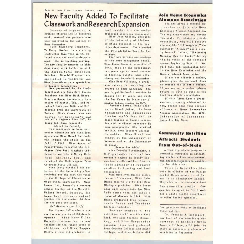 1948 University of Tennessee Home Economics Alumni Newsletter & Envelope UT