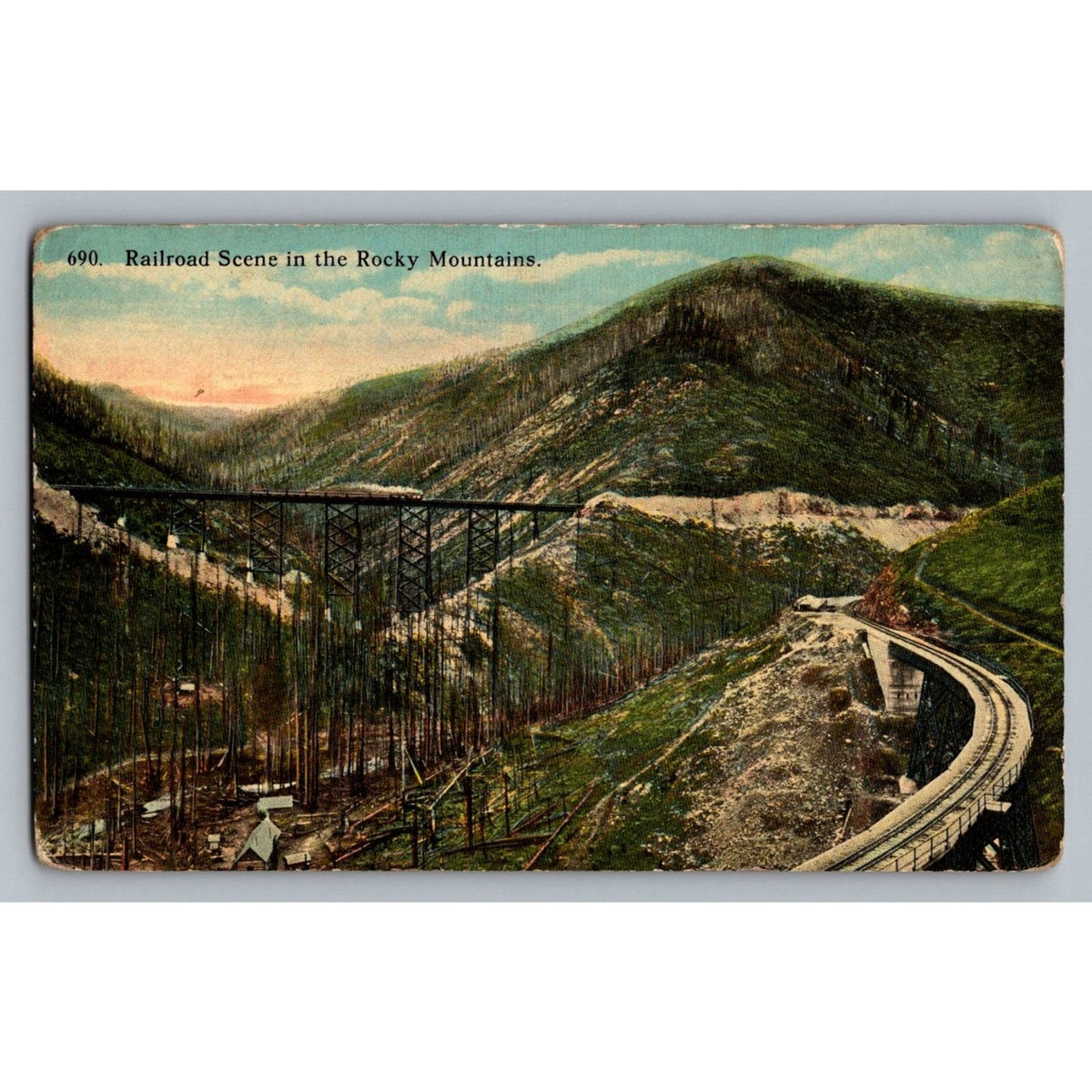Rocky Mountains Railroad Trestle Postcard Boughton-Robbins Co. Train View
