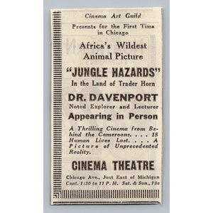 1931 Chicago Cinema Theatre Jungle Hazards Film Dr Davenport Print Ad