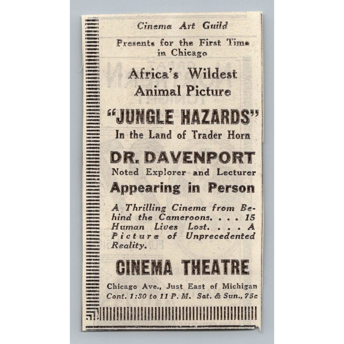 1931 Chicago Cinema Theatre Jungle Hazards Film Dr Davenport Print Ad