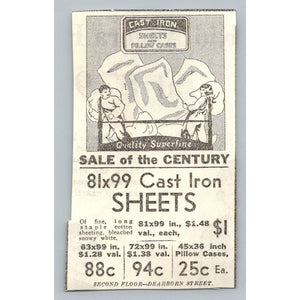 1931 Cast Iron Sheets & Pillow Cases Sale of the Century Print Ad Chicago