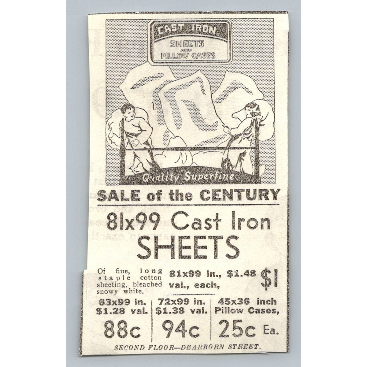 1931 Cast Iron Sheets & Pillow Cases Sale of the Century Print Ad Chicago