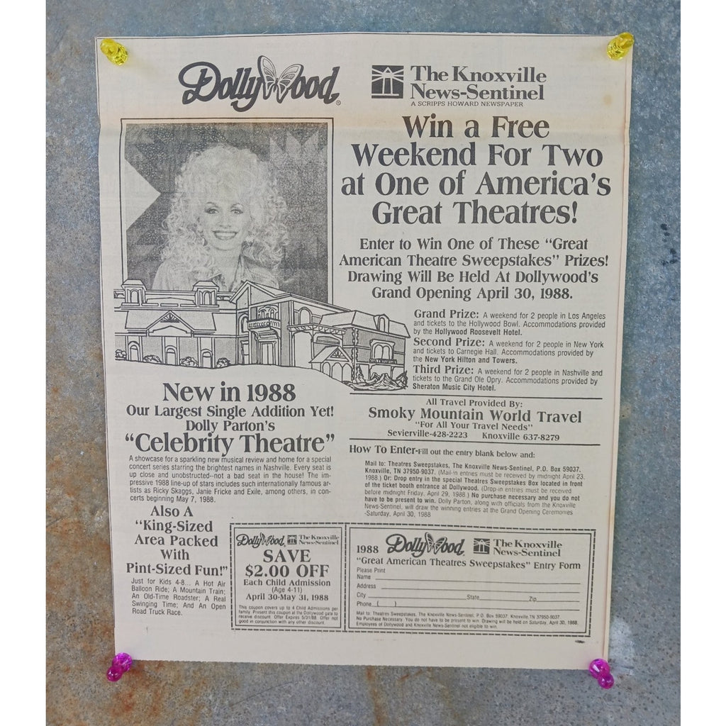1988 Dollywood Dolly Parton Celebrity Theatre Grand Opening Sweepstakes Print Ad