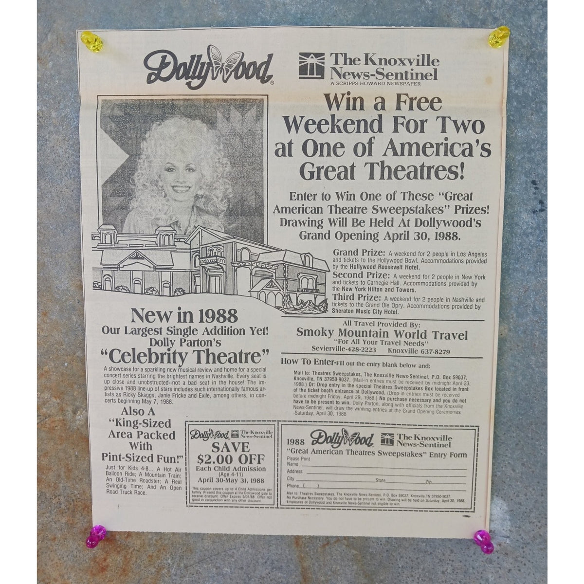 1988 Dollywood Dolly Parton Celebrity Theatre Grand Opening Sweepstakes Print Ad