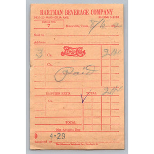 1942 Hartman Beverage Company Pepsi-Cola Receipt Knoxville Tn Red Invoice