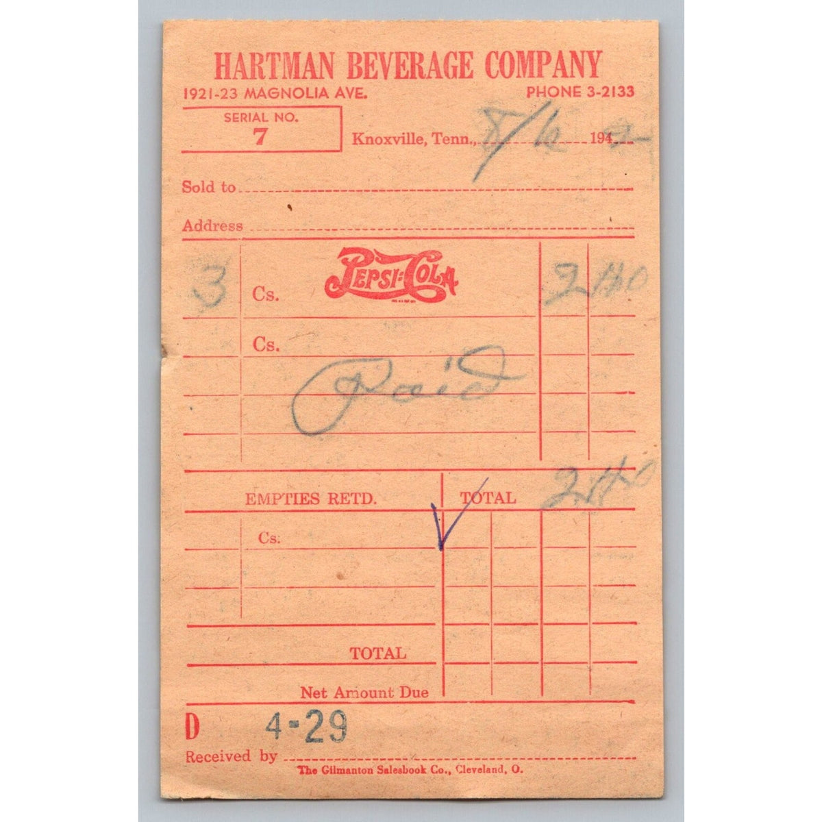 1942 Hartman Beverage Company Pepsi-Cola Receipt Knoxville Tn Red Invoice