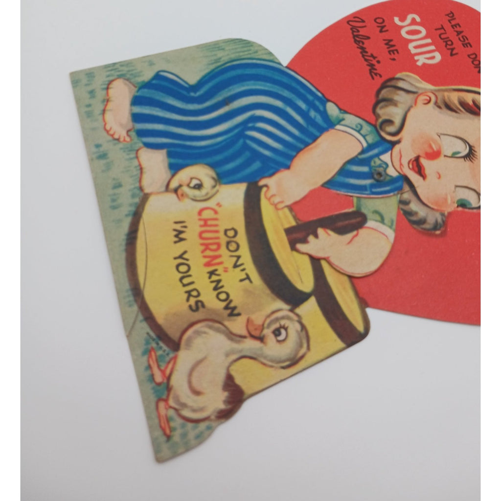 Vintage Valentine Card Girl Ducks Don't Churn Know I'm Yours Mechanical Eyes Arm