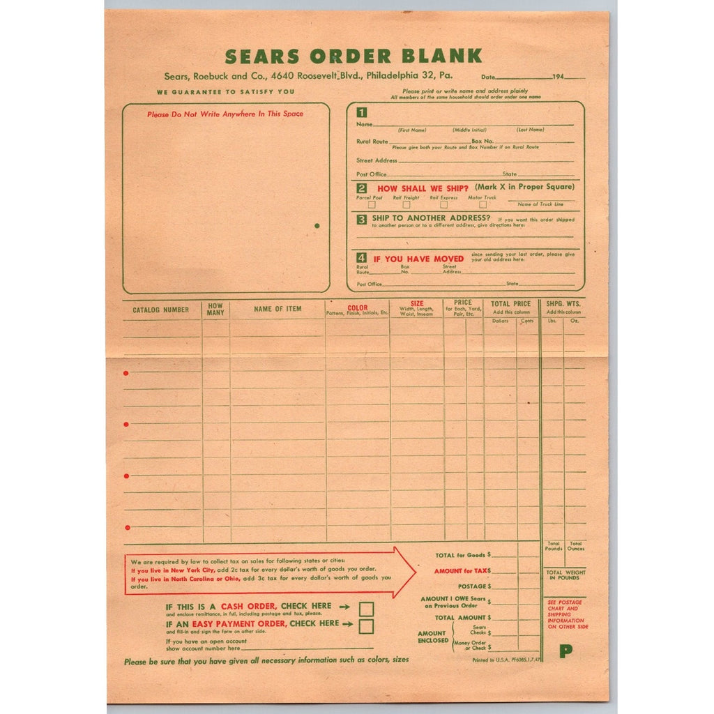 1940s Vintage Sears Roebuck Philadelphia Mail Order Blank & Credit App Ephemera