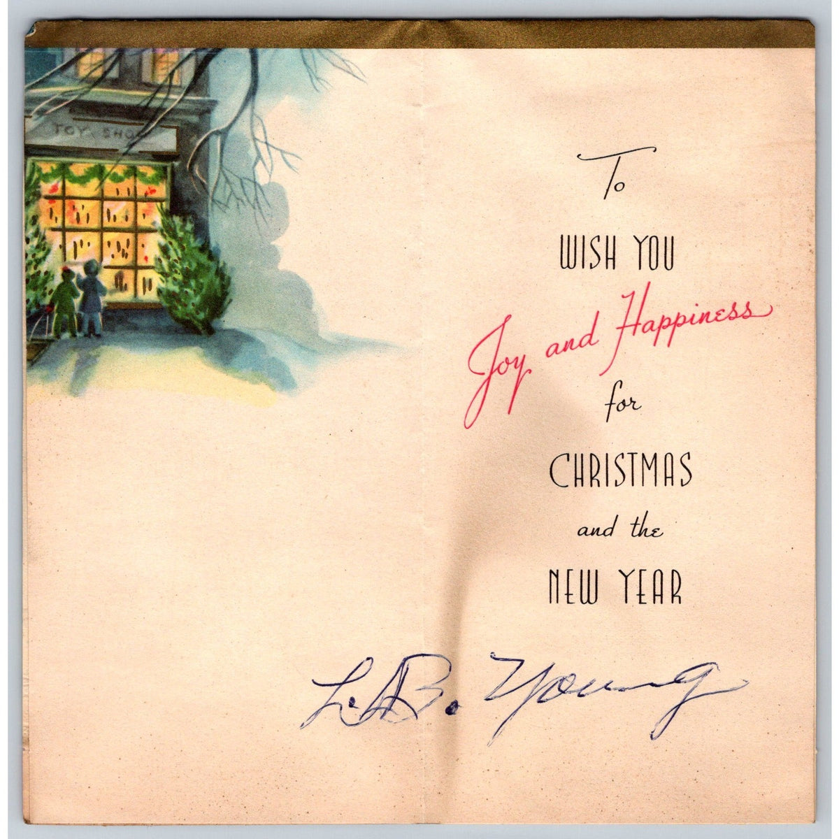 c1950s Embossed Town Christmas Tree People Church Scene Greeting Card MCM Vtg