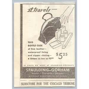 1930s Chicago Tribune Ad Spaulding Gorham Leather Travel Bottle Case Ephemera