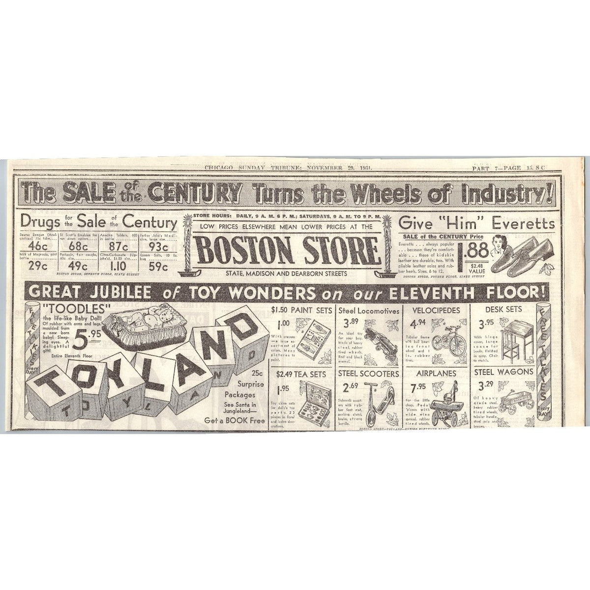 1931 Chicago Boston Store Toyland Print Ad Depression Era Christmas Ephemera