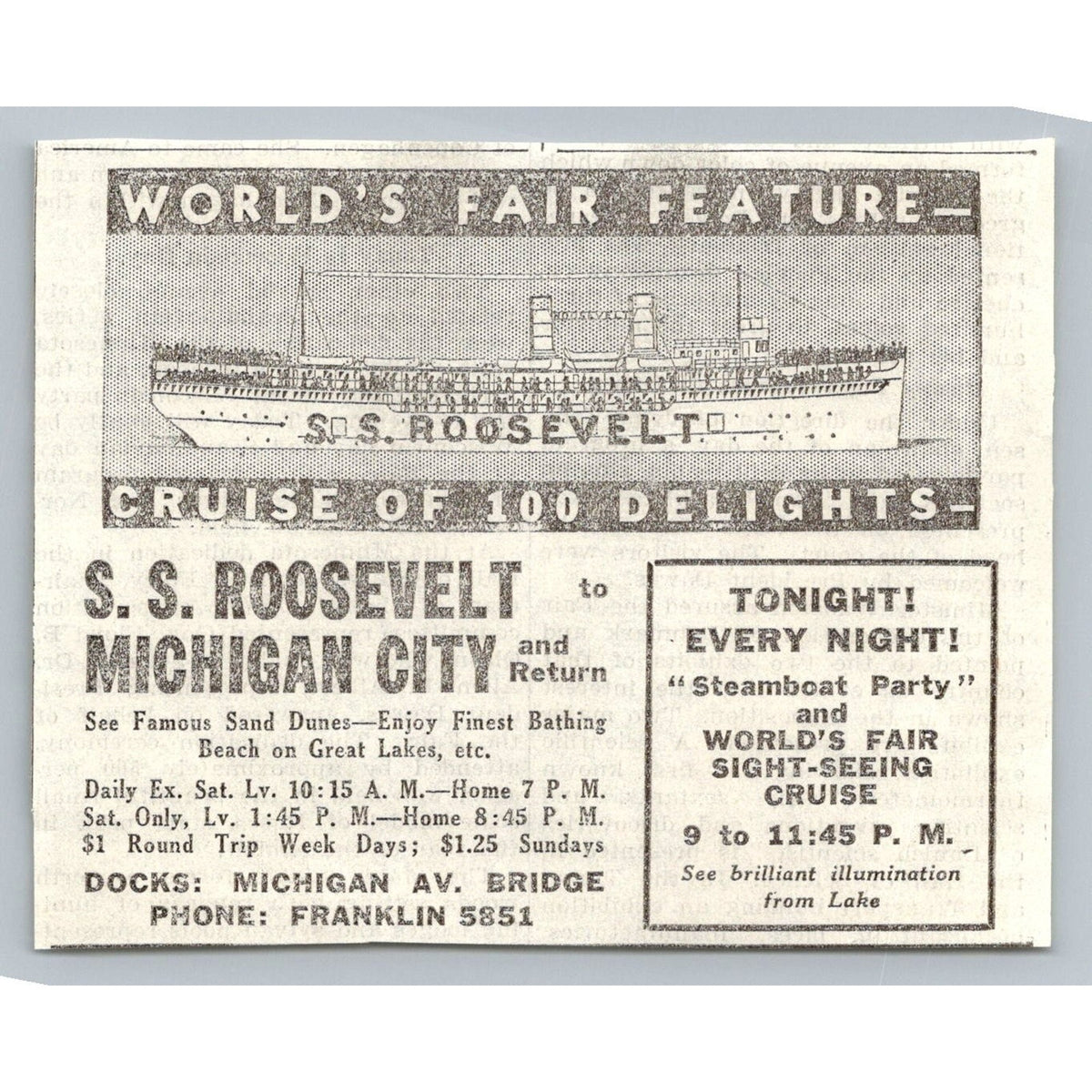1933 S S Roosevelt Michigan City World's Fair Cruise Ephemera Chicago Print Ad