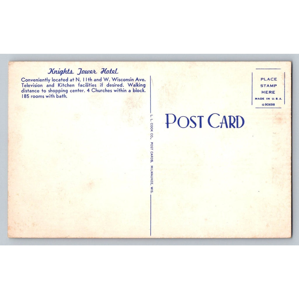 Knights Tower Hotel Milwaukee WI Postcard LL Cook Co 1940s-50s