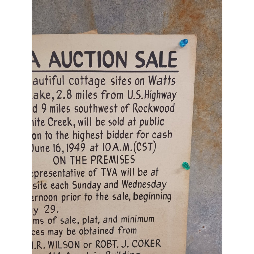 TVA Auction Sale Document Poster 1949 Watts Bar Lake Cottage Sites Knoxville TN