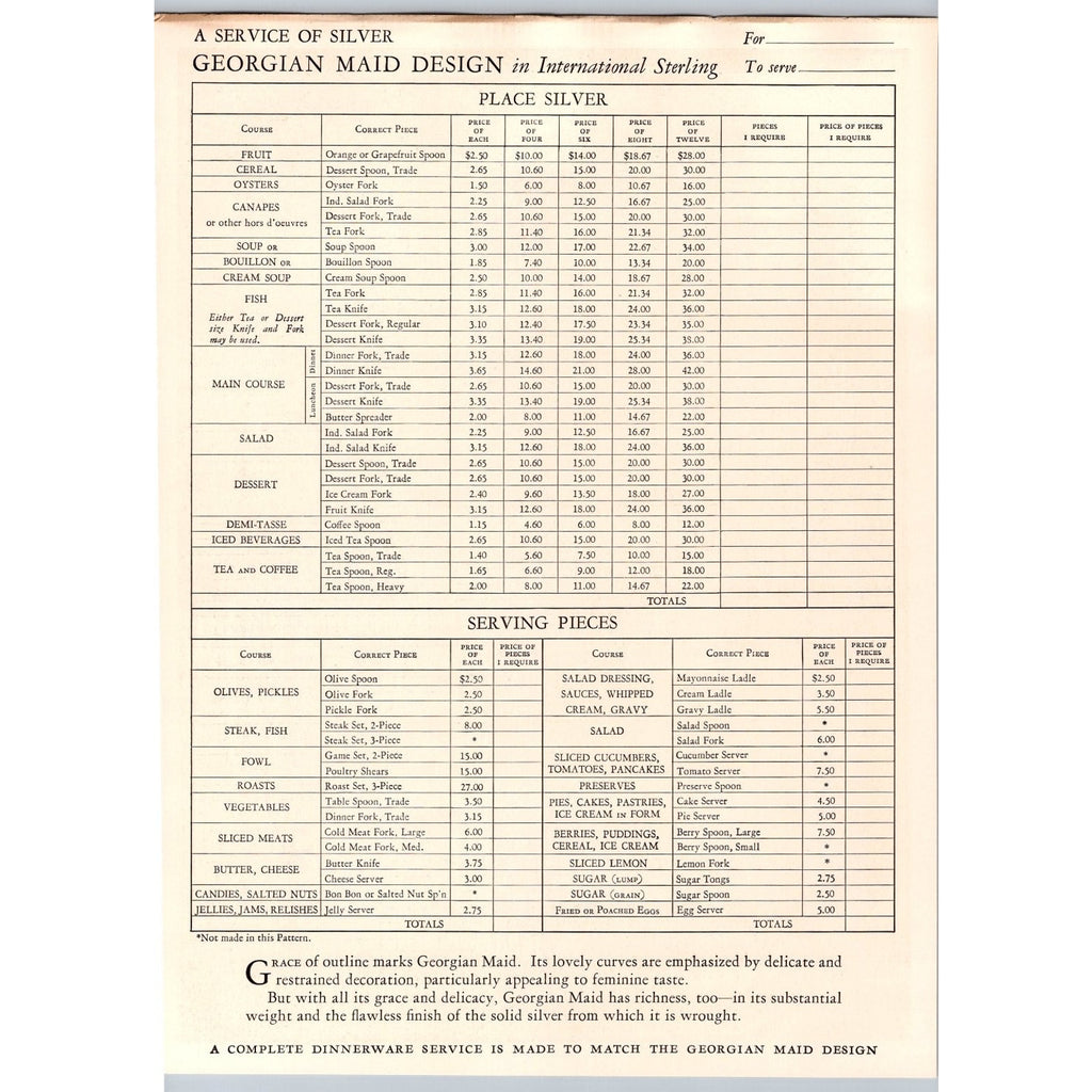 1930s Georgian Maid Sterling Silver Flatware Print Ad Price List Ephemera