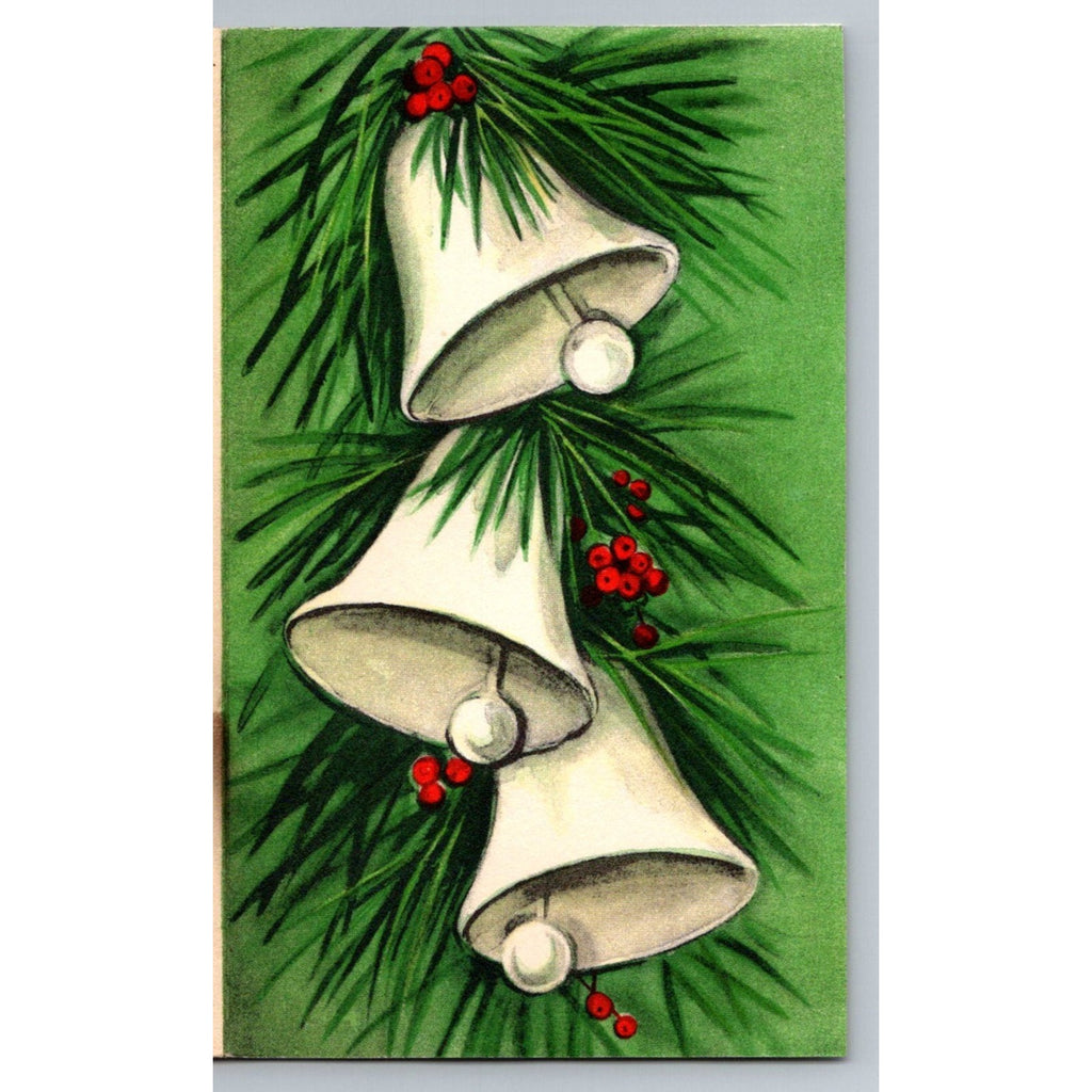 1955 White Christmas Bells Holly Berries Pine Vintage MCM Hallmark Greeting Card