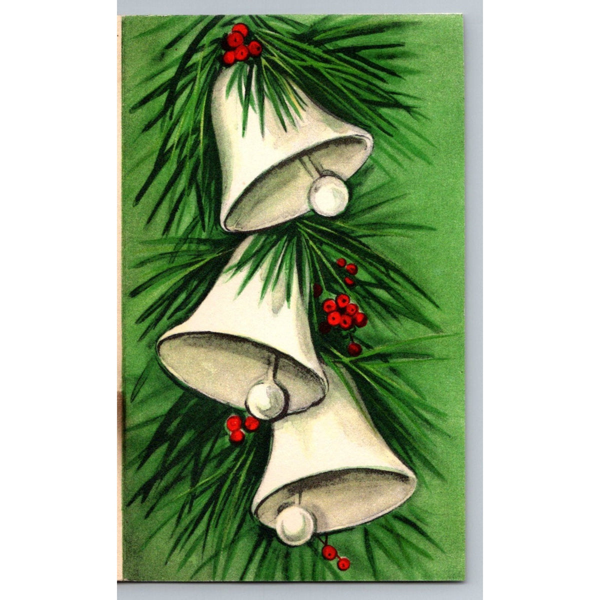 1955 White Christmas Bells Holly Berries Pine Vintage MCM Hallmark Greeting Card