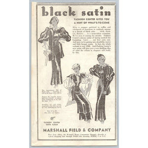 1930s Marshall Field Black Satin Fashion Print Ad Vintage Chicago Flapper
