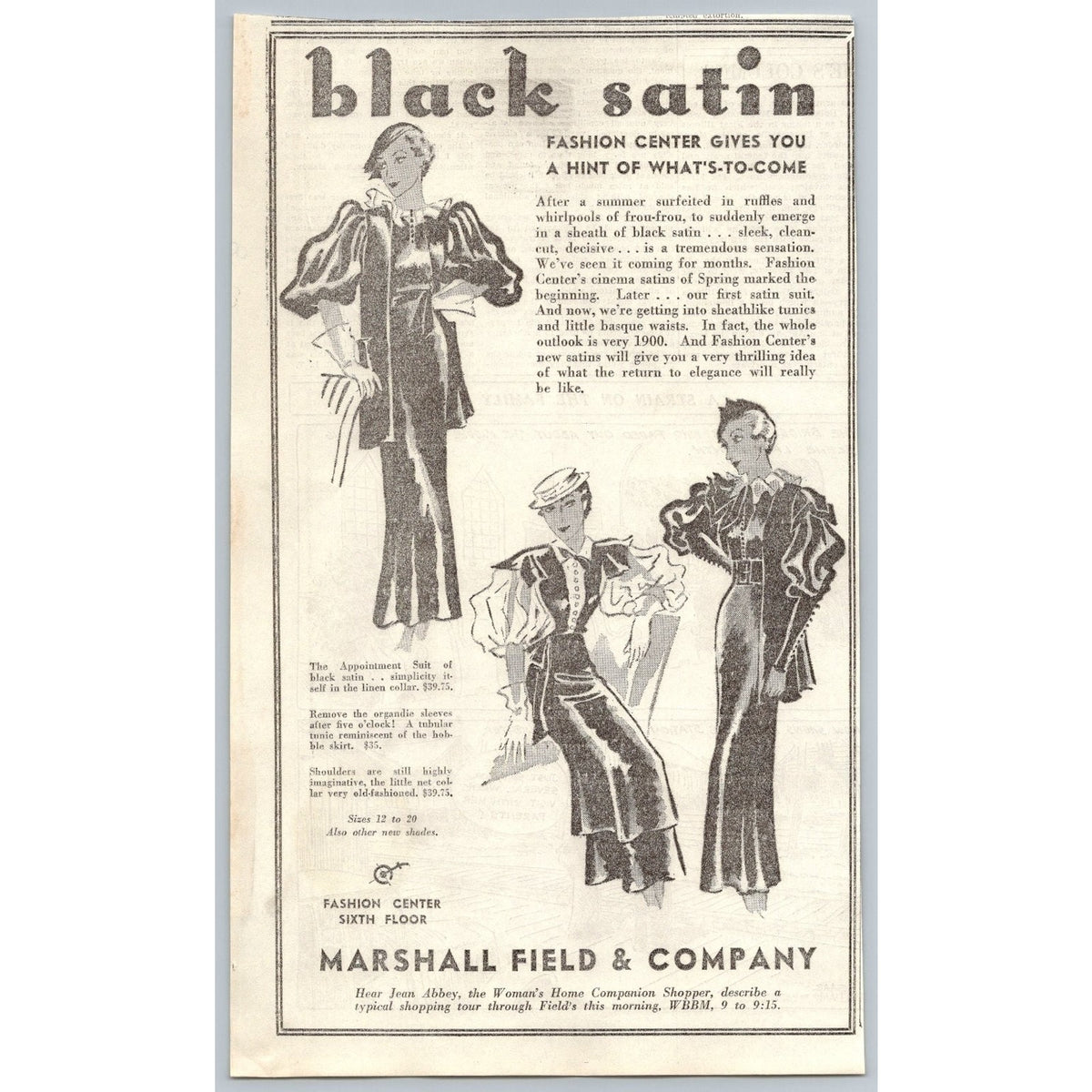 1930s Marshall Field Black Satin Fashion Print Ad Vintage Chicago Flapper