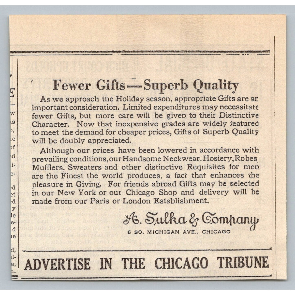 1930s A. Sulka & Co Chicago Tribune Advertisement Men's Luxury Apparel Ephemera